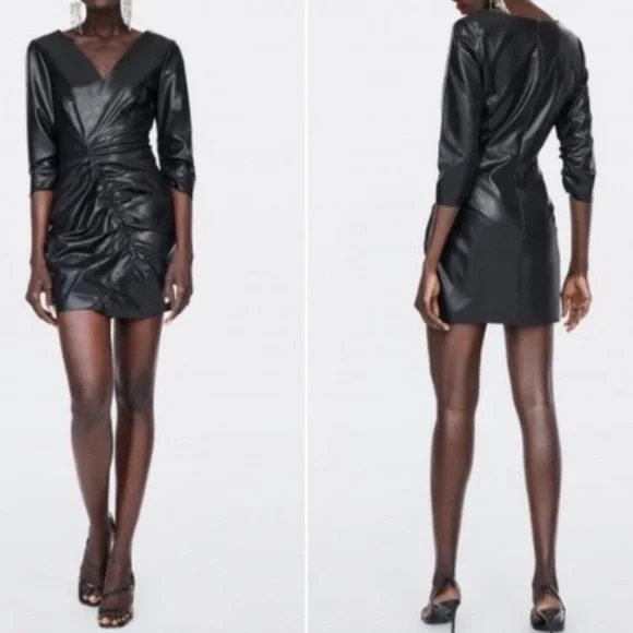 Zara women black faux leather ruched mini dress XS three quarter sleeve LBD NWT - Picture 5 of 6